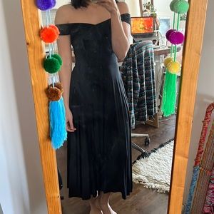 Reformation off the shoulder black midi dress with pockets